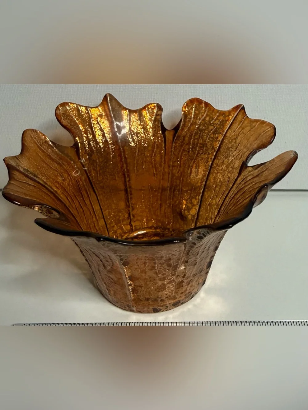 Amber Glass Leaf-Edge Votive Holders – Pair